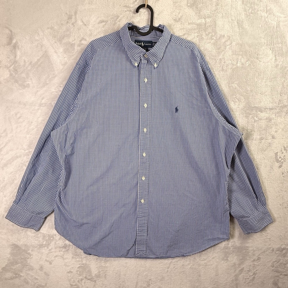 Ralph Lauren Button Down Shirt Men's 18 XXL‎ Blue Gingham Print Spring Business